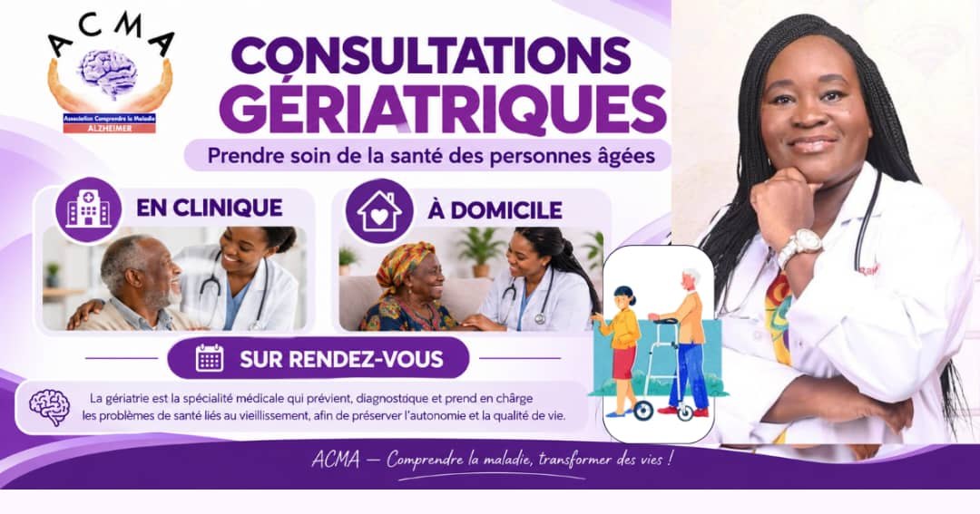 Affiche des consultations gériatriques ACMA : en clinique ou à domicile, sur rendez-vous